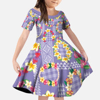 Hawaiian Leis Family Matching Off Shoulder Short Dress and Hawaiian Shirt Kakau Tattoos and Palaka Pastel Purple Color