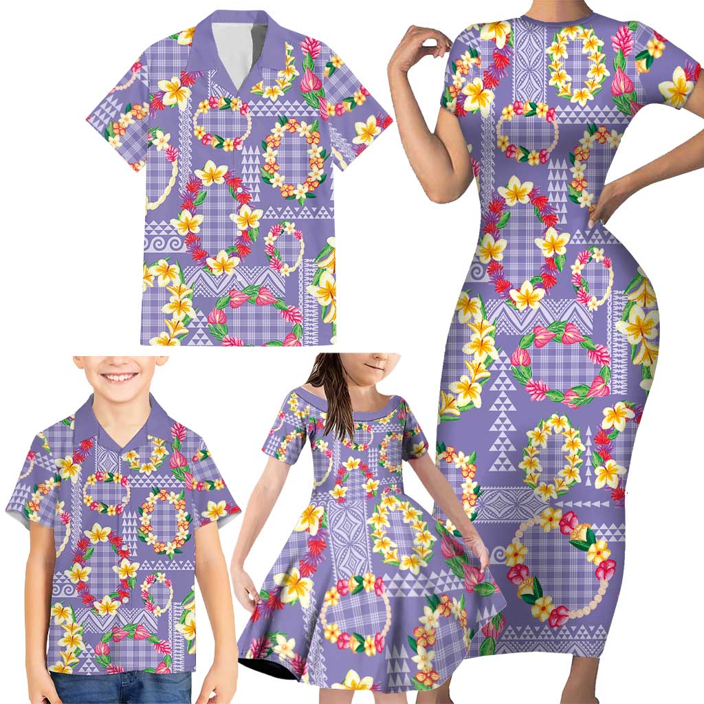 Hawaiian Leis Family Matching Short Sleeve Bodycon Dress and Hawaiian Shirt Kakau Tattoos and Palaka Pastel Purple Color LT03 - Polynesian Pride