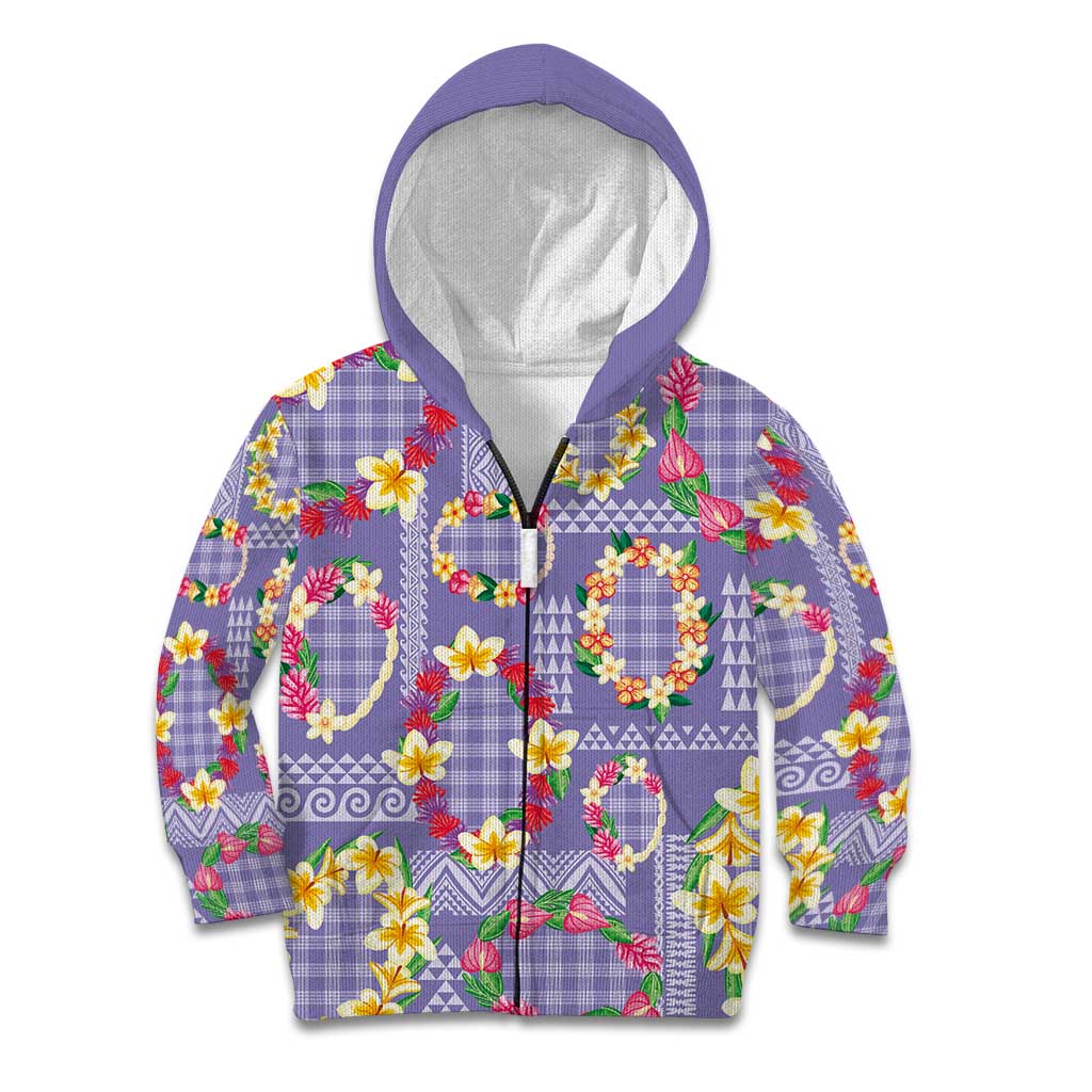 Hawaiian Leis Kid Hoodie Kakau Tattoos and Palaka Pastel Purple Color LT03 Zip Hoodie Purple - Polynesian Pride