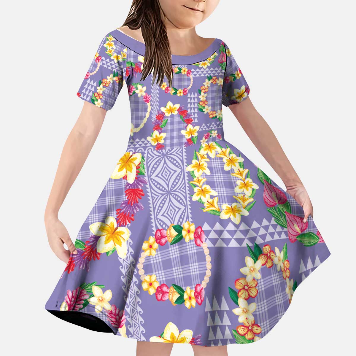 Hawaiian Leis Kid Short Sleeve Dress Kakau Tattoos and Palaka Pastel Purple Color LT03 KID Purple - Polynesian Pride