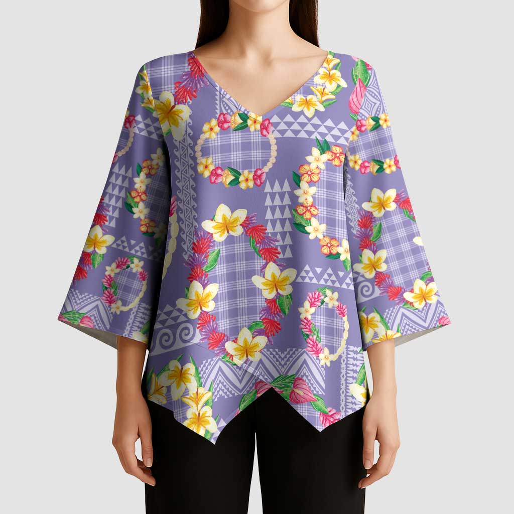 Hawaiian Leis Kimono Sleeve Blouse Kakau Tattoos and Palaka Pastel Purple Color LT03 - Polynesian Pride