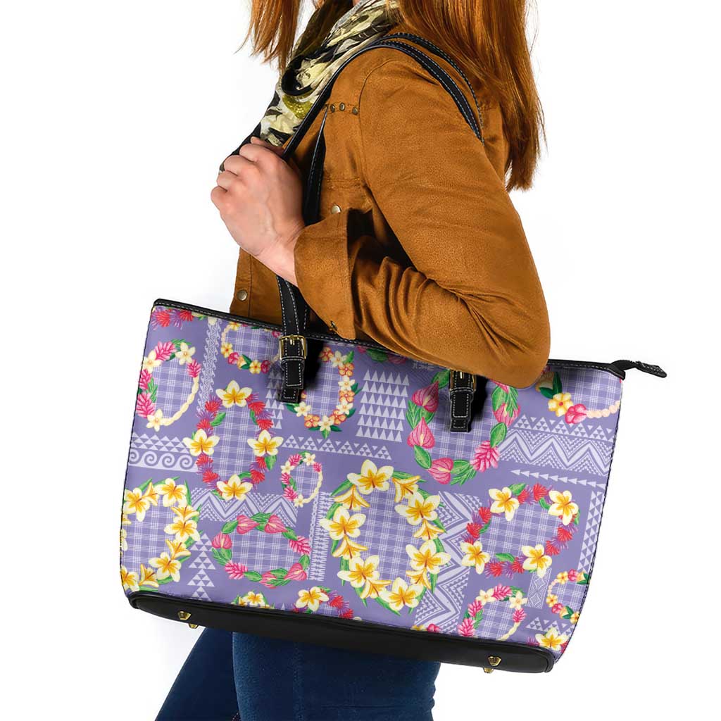 Hawaiian Leis Leather Tote Bag Kakau Tattoos and Palaka Pastel Purple Color LT03 Purple - Polynesian Pride