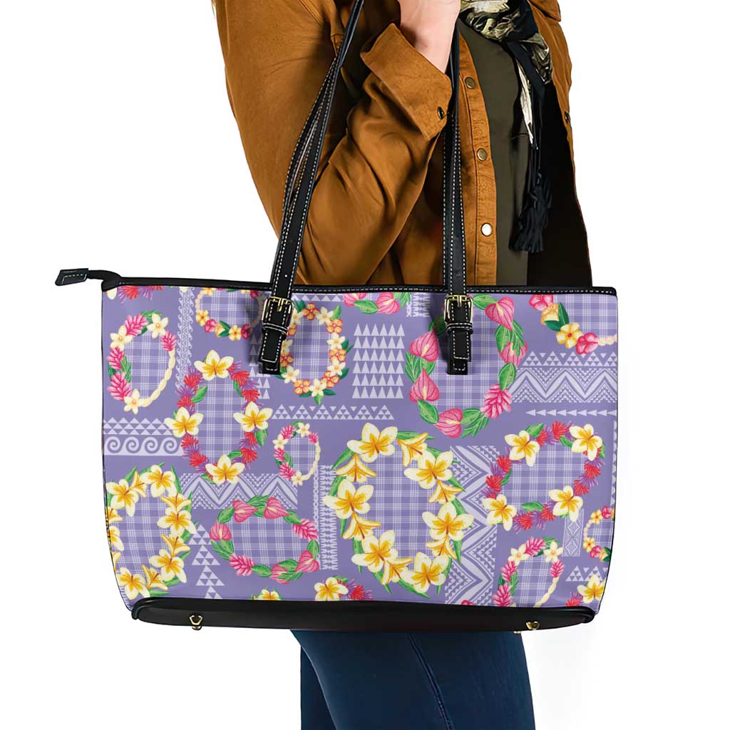 Hawaiian Leis Leather Tote Bag Kakau Tattoos and Palaka Pastel Purple Color LT03 - Polynesian Pride
