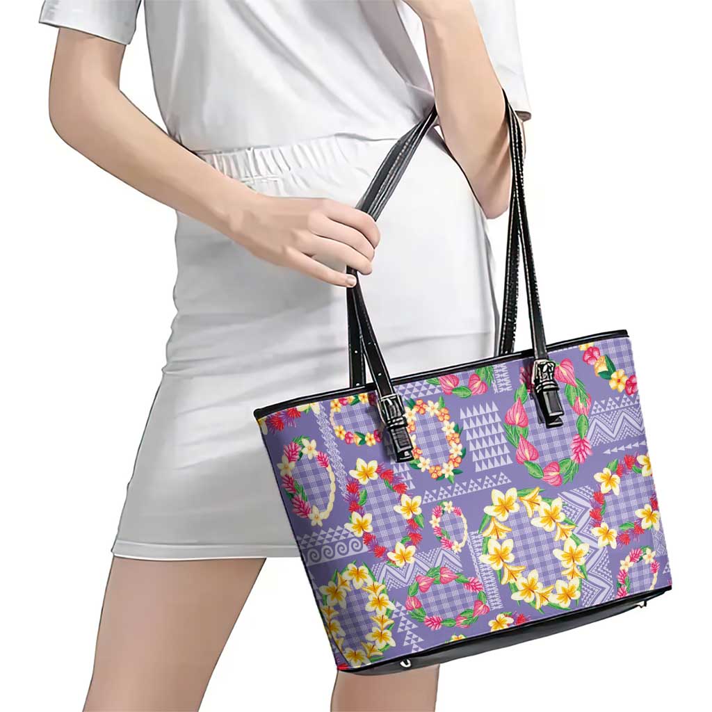 Hawaiian Leis Leather Tote Bag Kakau Tattoos and Palaka Pastel Purple Color LT03 - Polynesian Pride