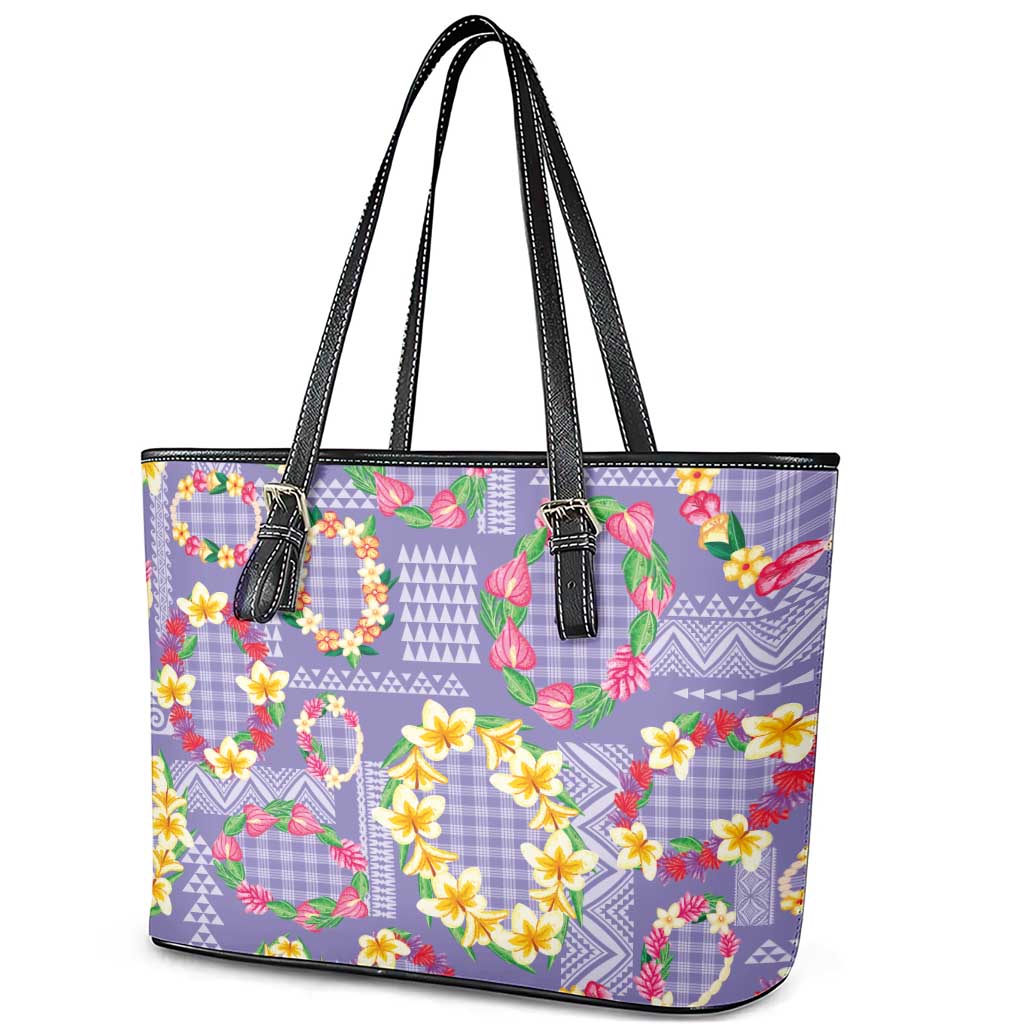 Hawaiian Leis Leather Tote Bag Kakau Tattoos and Palaka Pastel Purple Color LT03 - Polynesian Pride