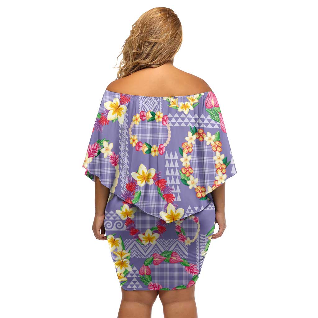 Hawaiian Leis Off Shoulder Short Dress Kakau Tattoos and Palaka Pastel Purple Color
