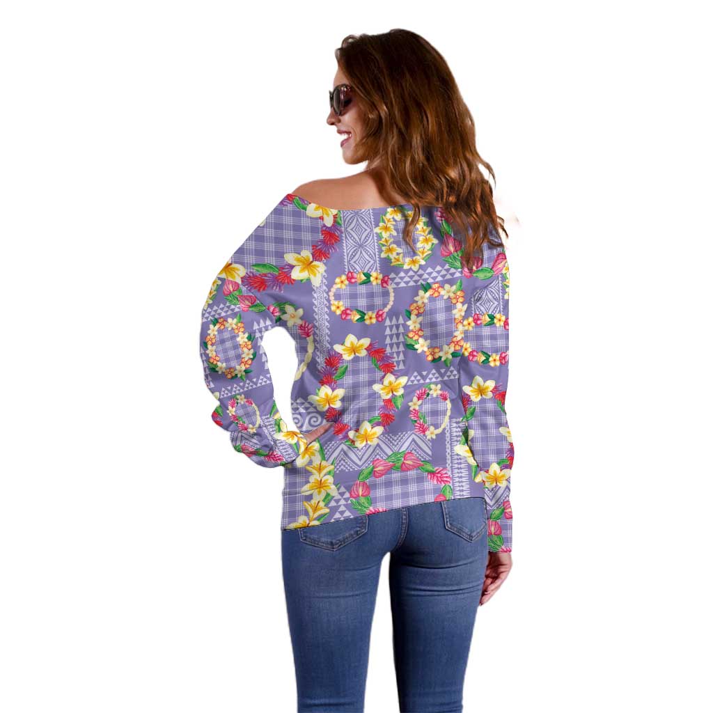 Hawaiian Leis Off Shoulder Sweater Kakau Tattoos and Palaka Pastel Purple Color LT03 - Polynesian Pride