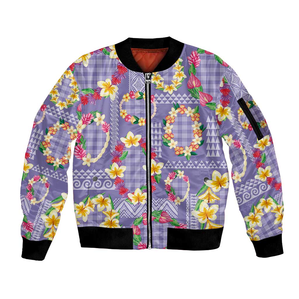 Hawaiian Leis Sleeve Zip Bomber Jacket Kakau Tattoos and Palaka Pastel Purple Color