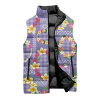 Hawaiian Leis Sleeveless Puffer Jacket Kakau Tattoos and Palaka Pastel Purple Color