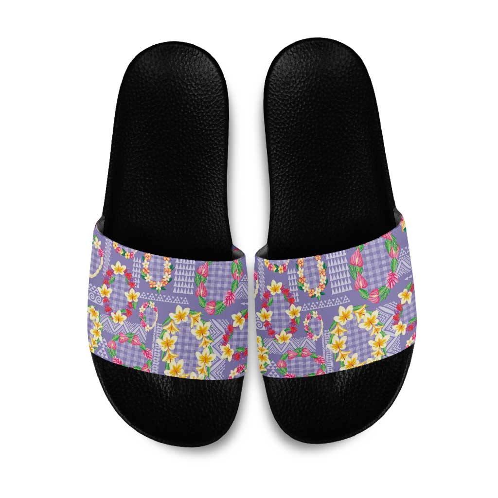 Hawaiian Leis Slide Sandals Kakau Tattoos and Palaka Pastel Purple Color LT03 Purple - Polynesian Pride