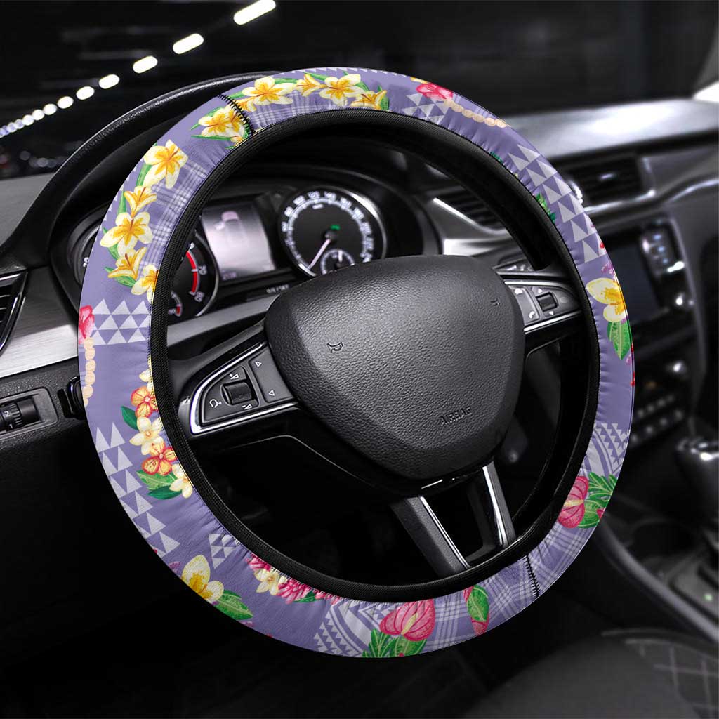 Hawaiian Leis Steering Wheel Cover Kakau Tattoos and Palaka Pastel Purple Color