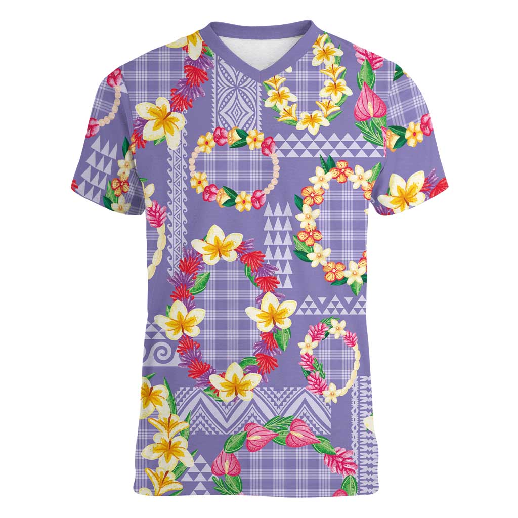 Hawaiian Leis Women V-Neck T-Shirt Kakau Tattoos and Palaka Pastel Purple Color LT03 Female Purple - Polynesian Pride