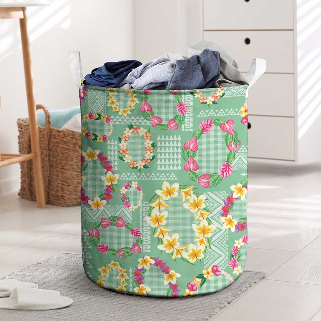Hawaiian Leis Laundry Basket Kakau Tattoos and Palaka Pastel Green Color LT03 Green - Polynesian Pride