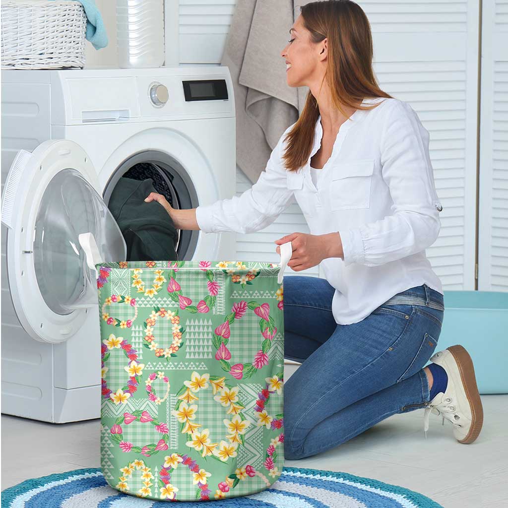 Hawaiian Leis Laundry Basket Kakau Tattoos and Palaka Pastel Green Color LT03 - Polynesian Pride