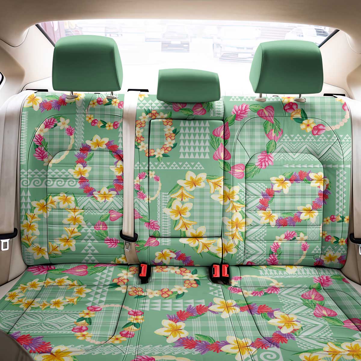 Hawaiian Leis Back Car Seat Cover Kakau Tattoos and Palaka Pastel Green Color LT03 - Polynesian Pride
