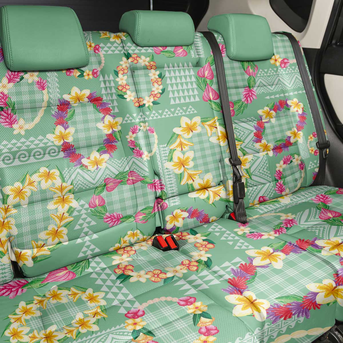 Hawaiian Leis Back Car Seat Cover Kakau Tattoos and Palaka Pastel Green Color LT03 - Polynesian Pride