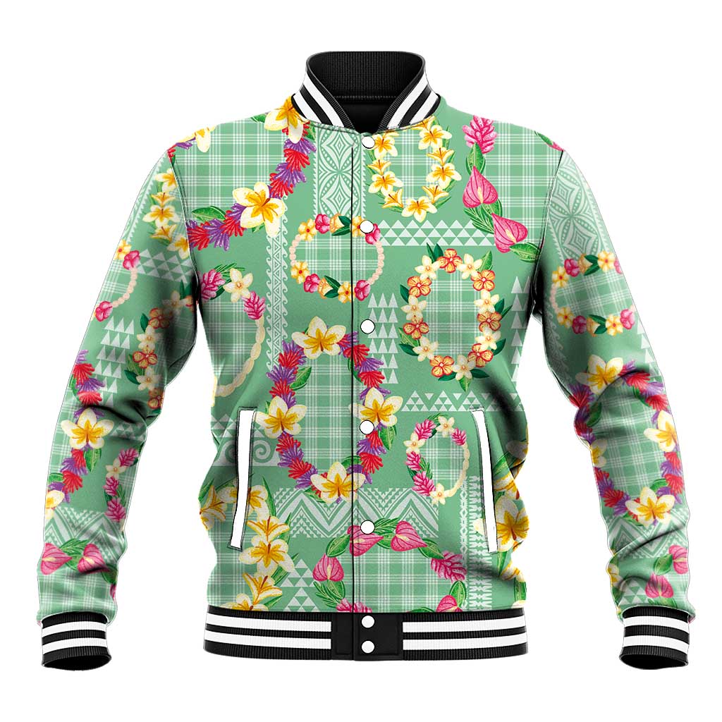 Hawaiian Leis Baseball Jacket Kakau Tattoos and Palaka Pastel Green Color LT03 Unisex Green - Polynesian Pride