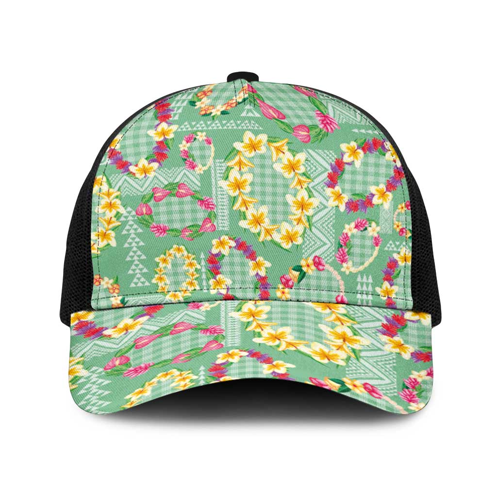 Hawaiian Leis Baseball Net Cap Kakau Tattoos and Palaka Pastel Green Color