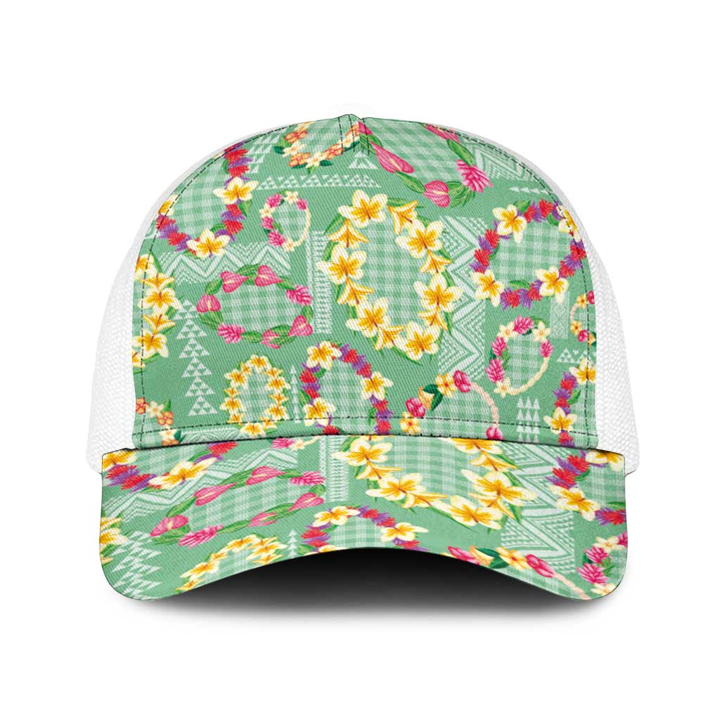 Hawaiian Leis Baseball Net Cap Kakau Tattoos and Palaka Pastel Green Color LT03 One Size White Green - Polynesian Pride