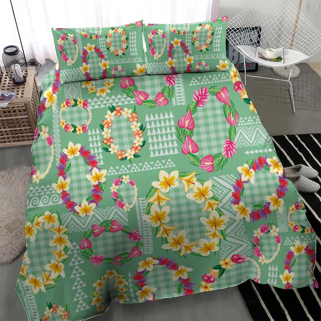Hawaiian Leis Bedding Set Kakau Tattoos and Palaka Pastel Green Color LT03 - Polynesian Pride