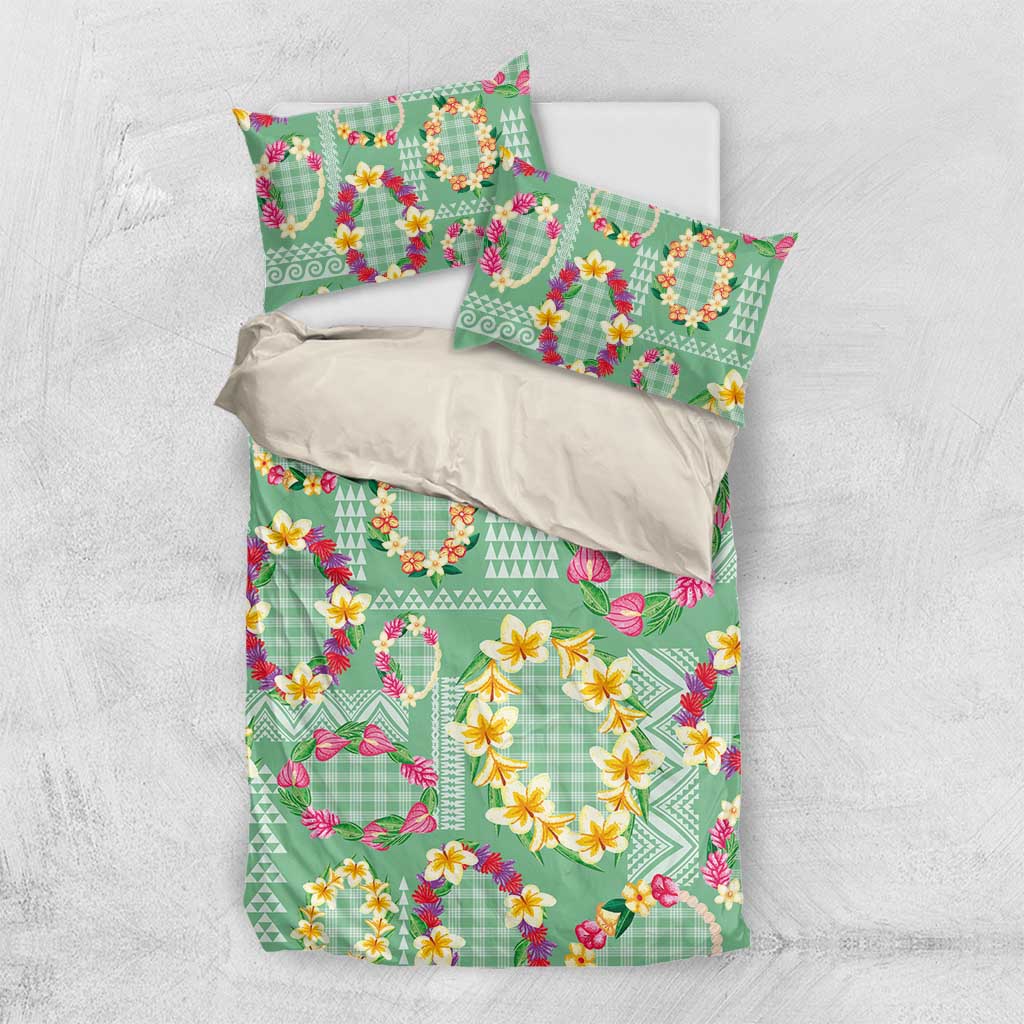 Hawaiian Leis Bedding Set Kakau Tattoos and Palaka Pastel Green Color LT03 US Twin 172cm x 218cm Green - Polynesian Pride