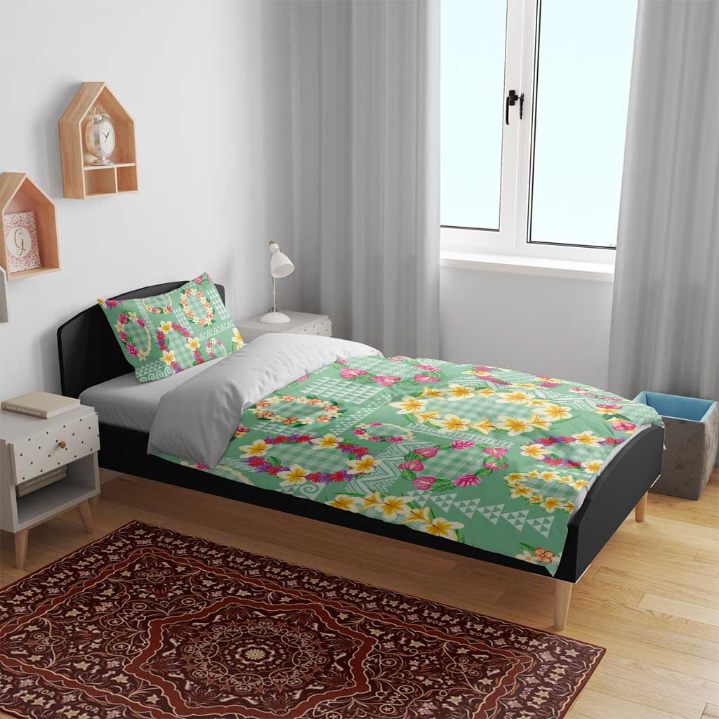 Hawaiian Leis Bedding Set Kakau Tattoos and Palaka Pastel Green Color LT03 - Polynesian Pride