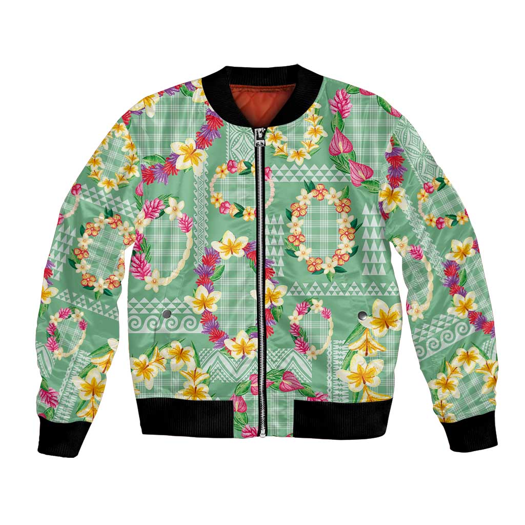 Hawaiian Leis Bomber Jacket Kakau Tattoos and Palaka Pastel Green Color LT03 Unisex Green - Polynesian Pride