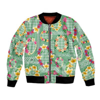Hawaiian Leis Bomber Jacket Kakau Tattoos and Palaka Pastel Green Color LT03 Unisex Green - Polynesian Pride