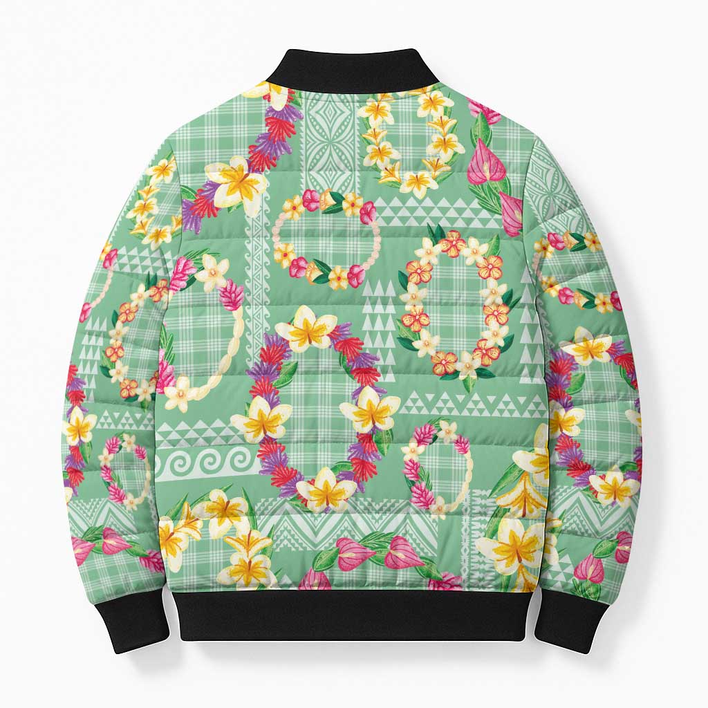 Hawaiian Leis Bomber Puffer Jacket Kakau Tattoos and Palaka Pastel Green Color LT03 - Polynesian Pride