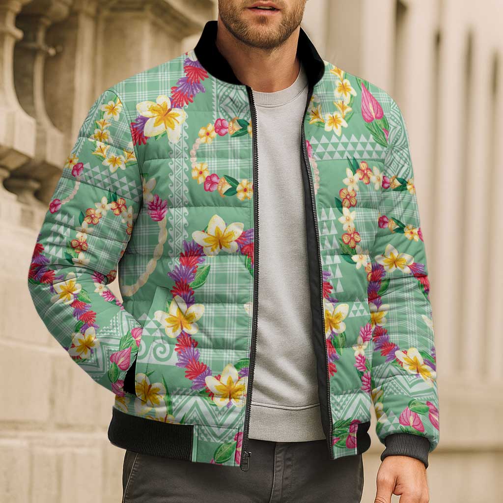Hawaiian Leis Bomber Puffer Jacket Kakau Tattoos and Palaka Pastel Green Color LT03 - Polynesian Pride