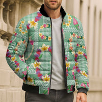Hawaiian Leis Bomber Puffer Jacket Kakau Tattoos and Palaka Pastel Green Color LT03 - Polynesian Pride