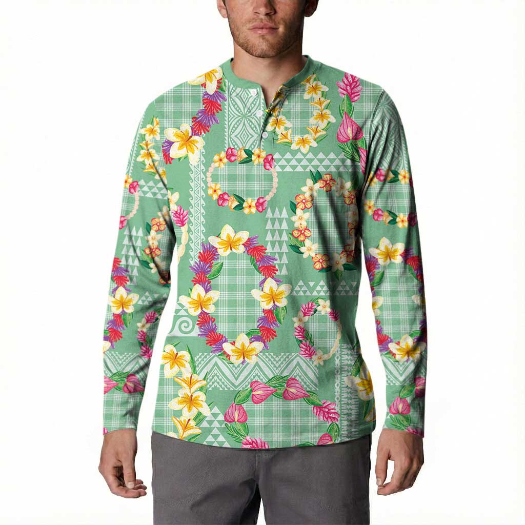 Hawaiian Leis Button Sweatshirt Kakau Tattoos and Palaka Pastel Green Color LT03 - Polynesian Pride