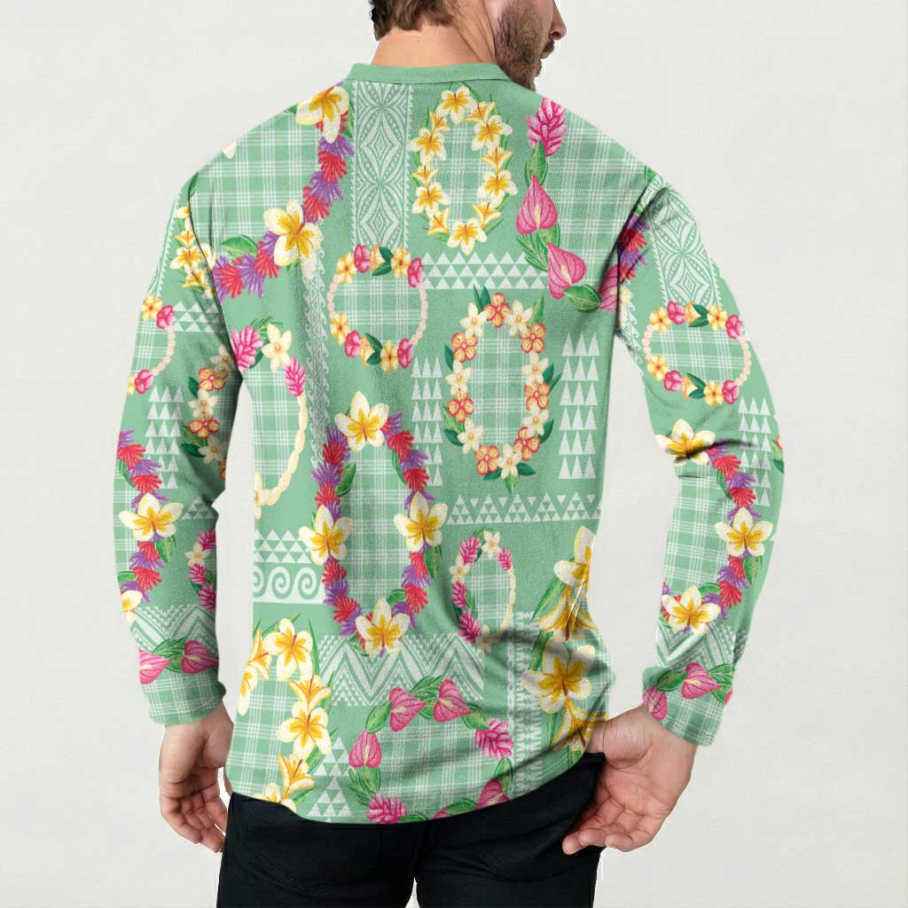 Hawaiian Leis Button Sweatshirt Kakau Tattoos and Palaka Pastel Green Color LT03 - Polynesian Pride