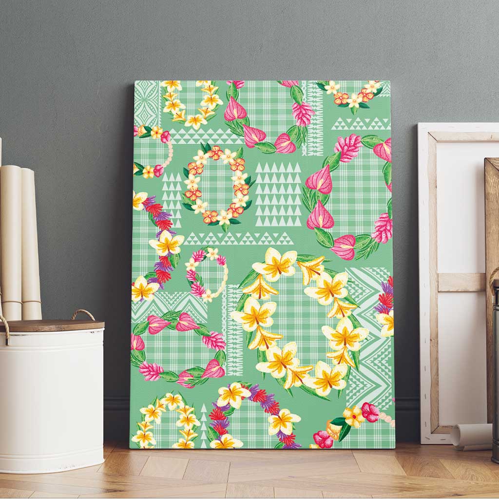 Hawaiian Leis Canvas Wall Art Kakau Tattoos and Palaka Pastel Green Color LT03 - Polynesian Pride