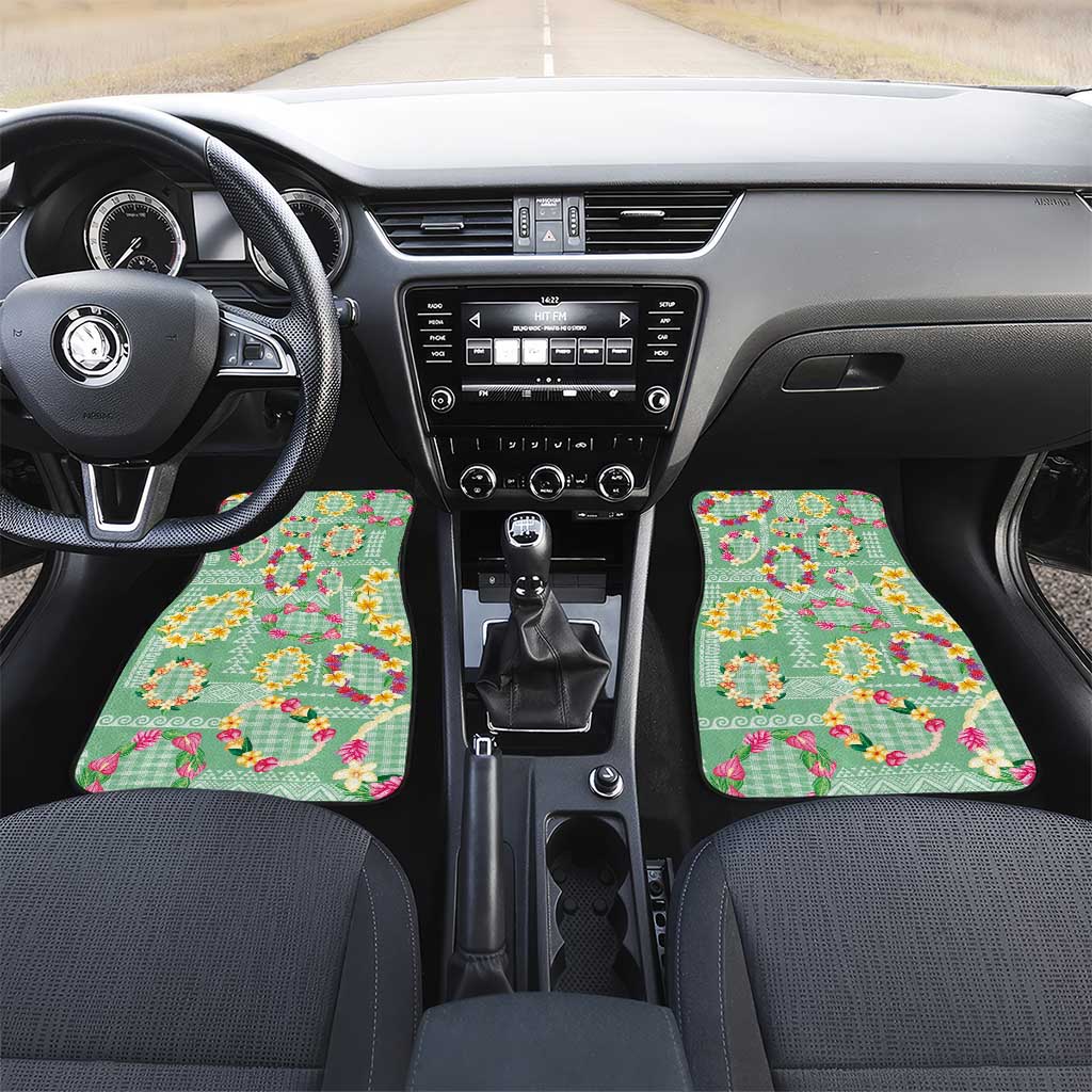 Hawaiian Leis Car Mats Kakau Tattoos and Palaka Pastel Green Color LT03 Set 2pcs - Front Green - Polynesian Pride