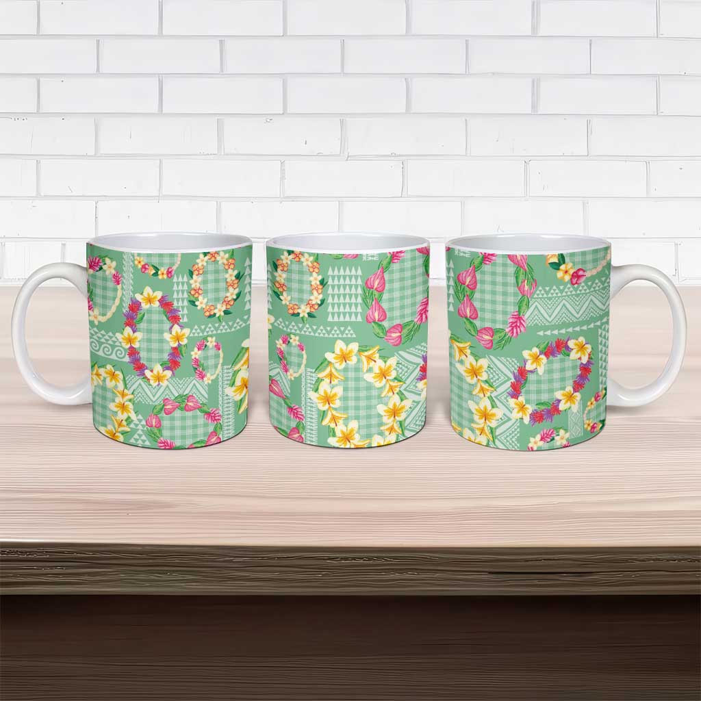 Hawaiian Leis Ceramic Mug Kakau Tattoos and Palaka Pastel Green Color LT03 - Polynesian Pride