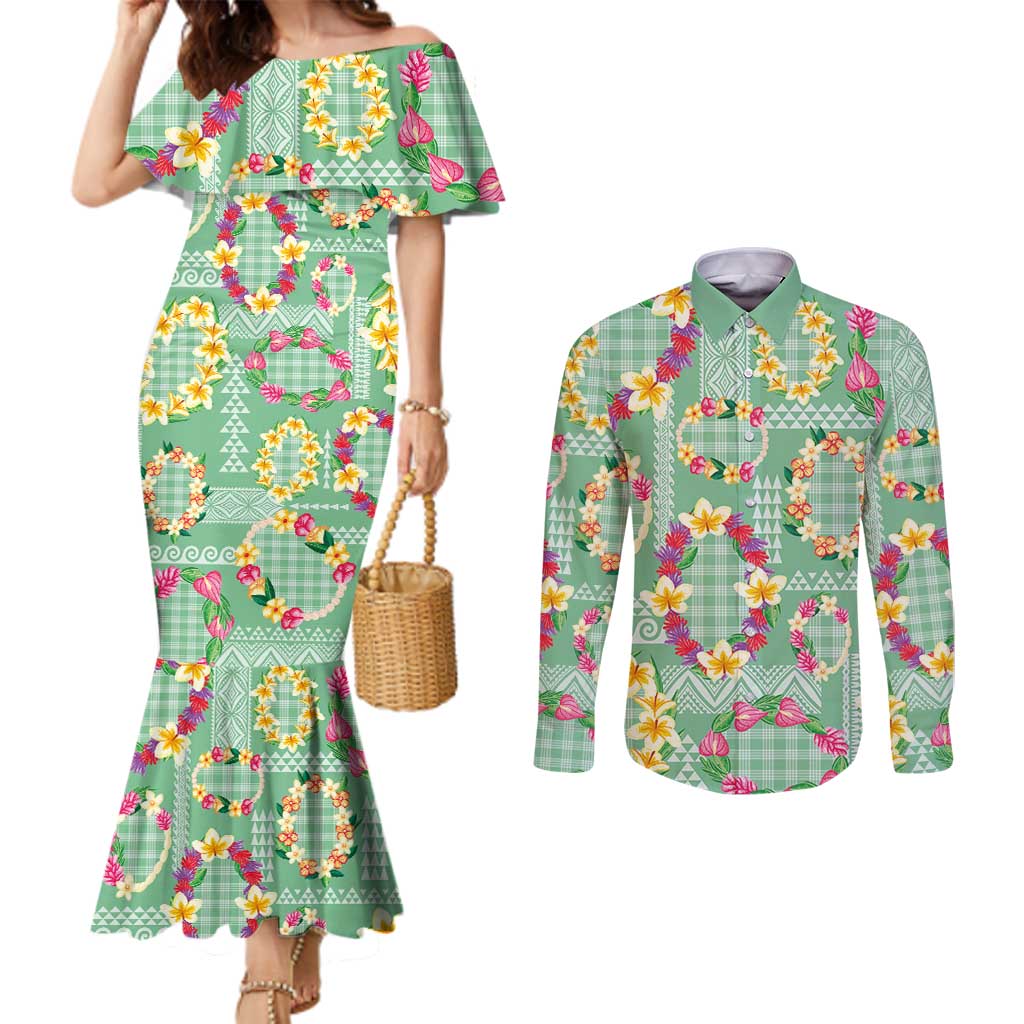 Hawaiian Leis Couples Matching Mermaid Dress and Long Sleeve Button Shirt Kakau Tattoos and Palaka Pastel Green Color LT03 Green - Polynesian Pride