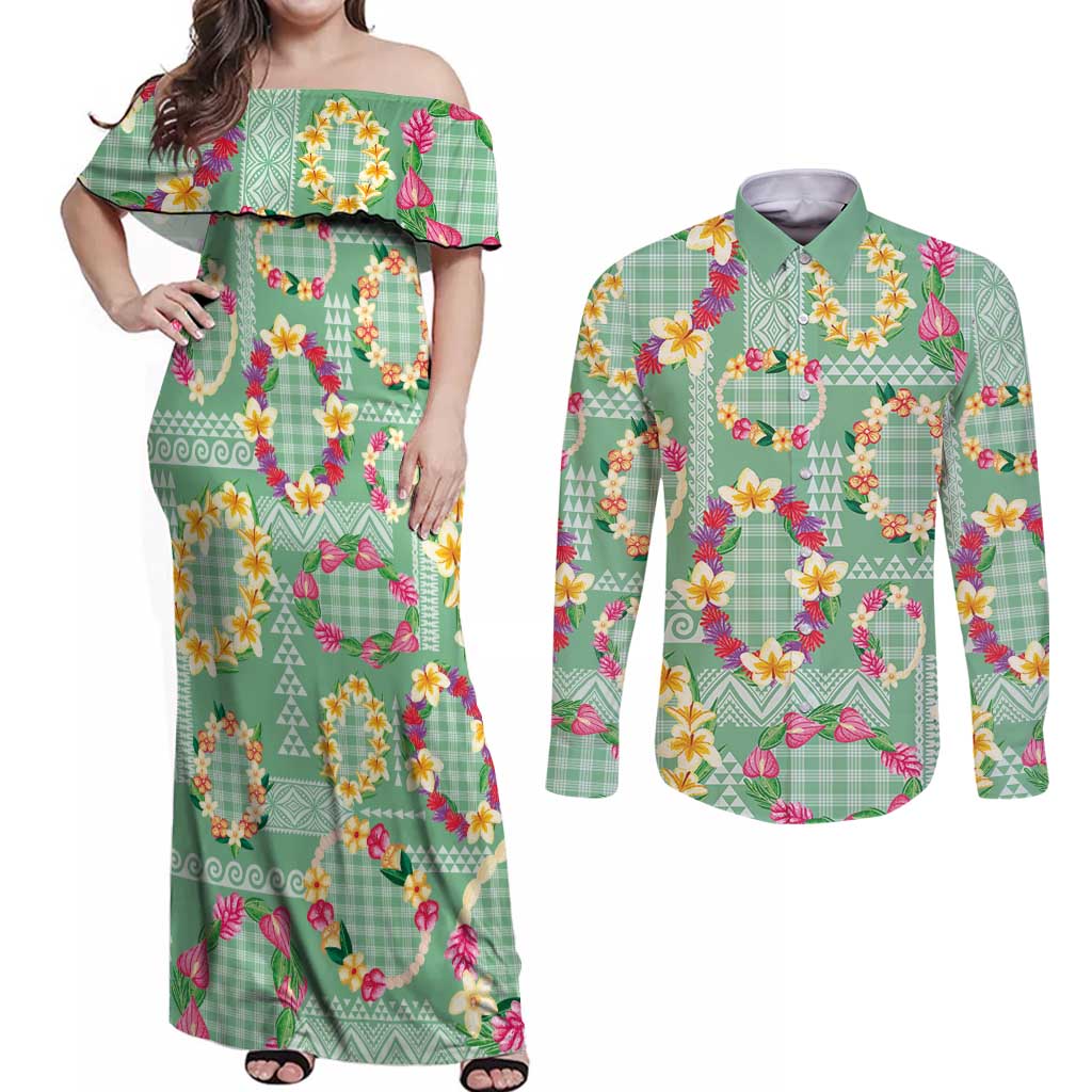 Hawaiian Leis Couples Matching Off Shoulder Maxi Dress and Long Sleeve Button Shirt Kakau Tattoos and Palaka Pastel Green Color
