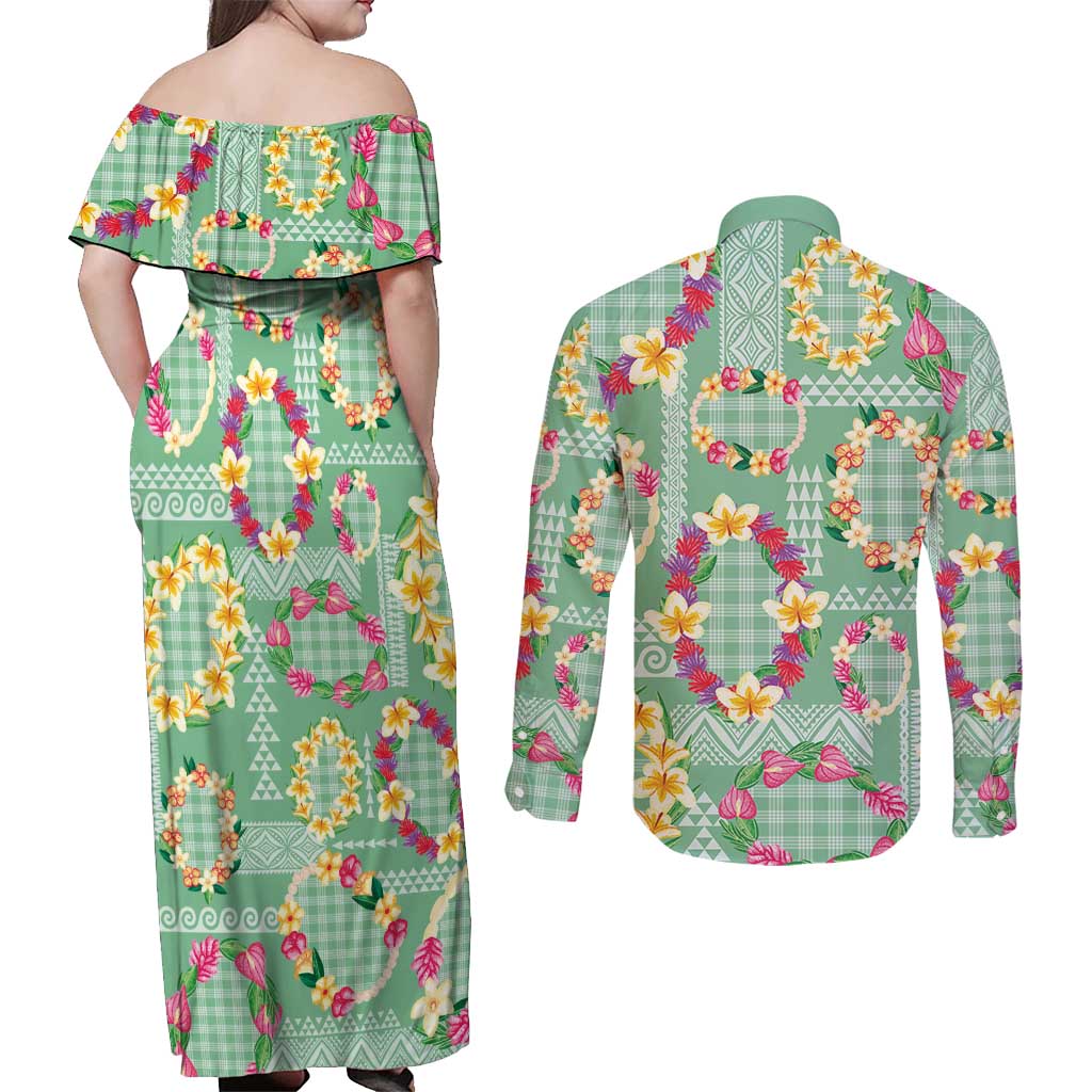 Hawaiian Leis Couples Matching Off Shoulder Maxi Dress and Long Sleeve Button Shirt Kakau Tattoos and Palaka Pastel Green Color