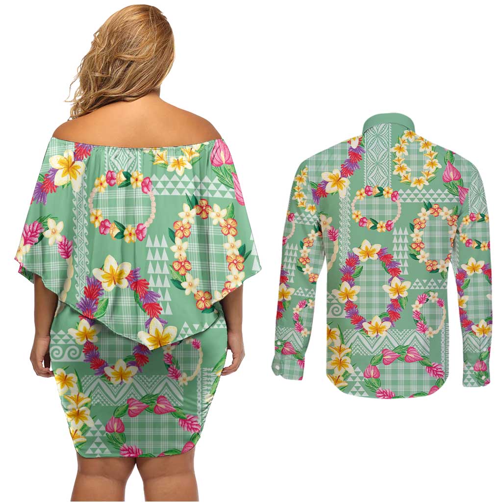 Hawaiian Leis Couples Matching Off Shoulder Short Dress and Long Sleeve Button Shirt Kakau Tattoos and Palaka Pastel Green Color