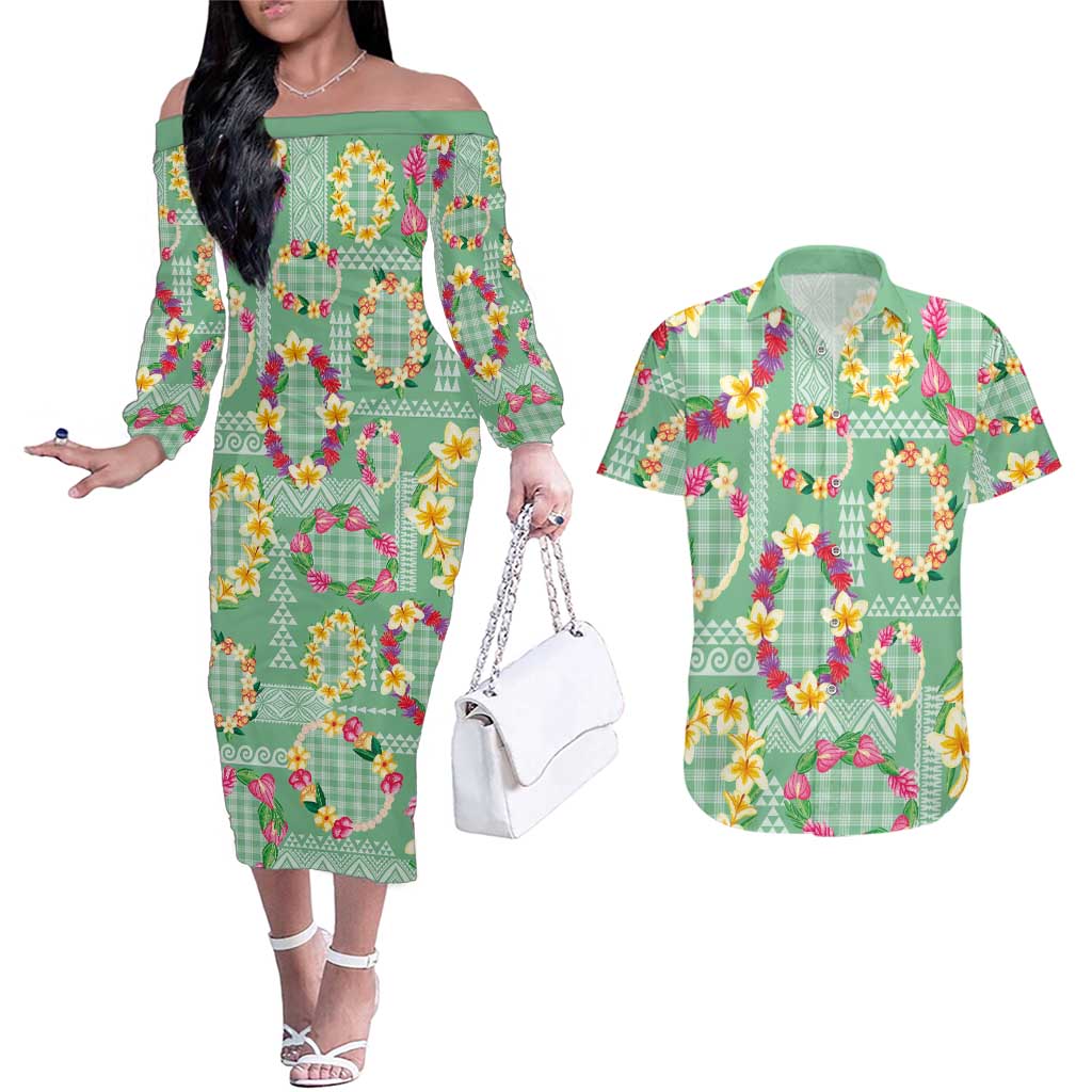Hawaiian Leis Couples Matching Off The Shoulder Long Sleeve Dress and Hawaiian Shirt Kakau Tattoos and Palaka Pastel Green Color