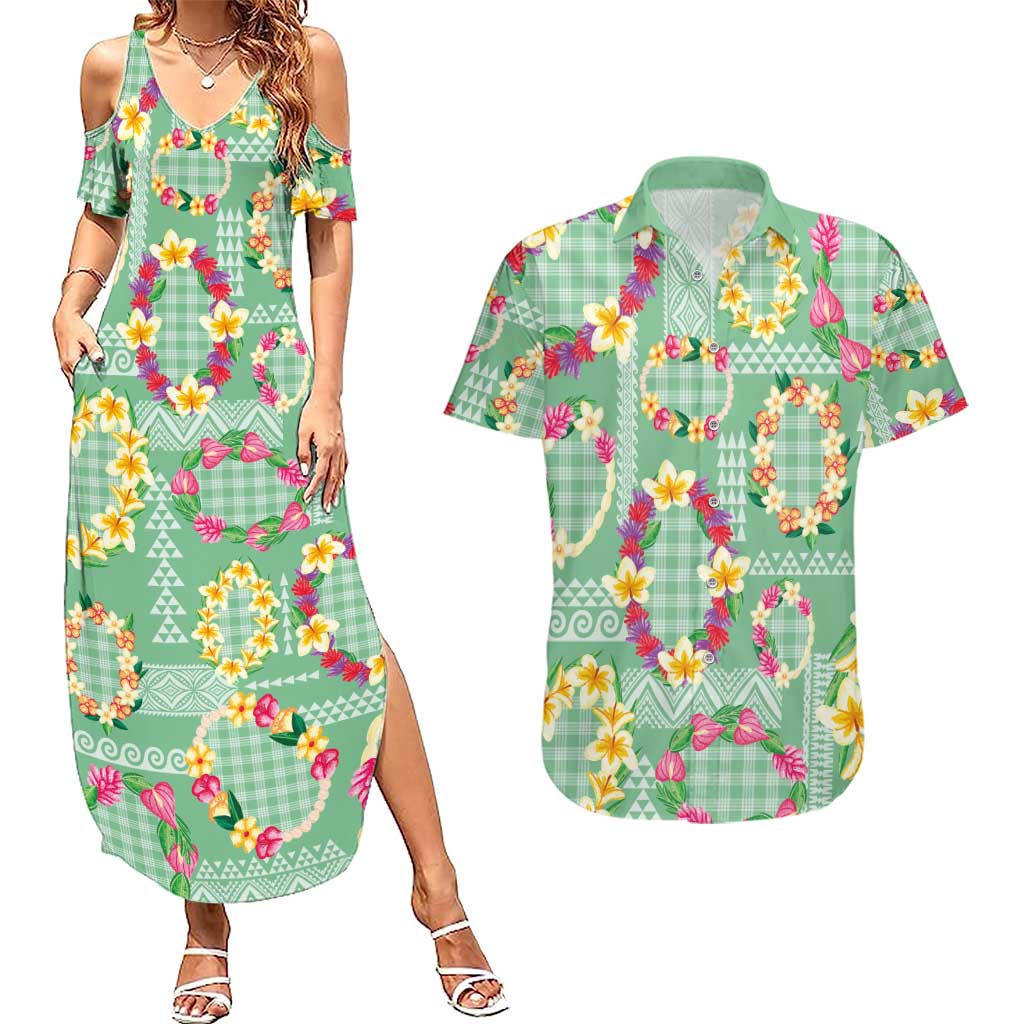 Hawaiian Leis Couples Matching Summer Maxi Dress and Hawaiian Shirt Kakau Tattoos and Palaka Pastel Green Color