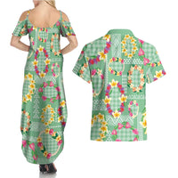 Hawaiian Leis Couples Matching Summer Maxi Dress and Hawaiian Shirt Kakau Tattoos and Palaka Pastel Green Color