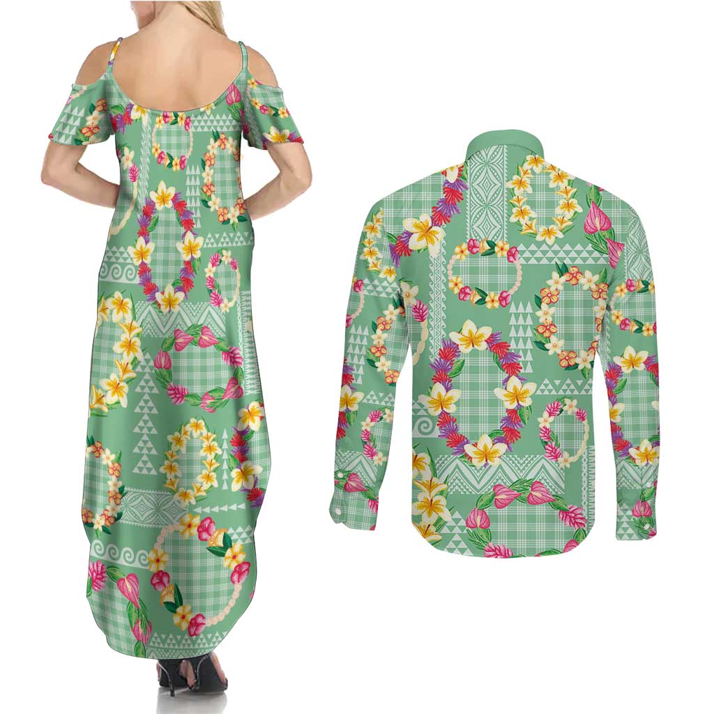 Hawaiian Leis Couples Matching Summer Maxi Dress and Long Sleeve Button Shirt Kakau Tattoos and Palaka Pastel Green Color