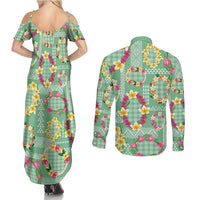 Hawaiian Leis Couples Matching Summer Maxi Dress and Long Sleeve Button Shirt Kakau Tattoos and Palaka Pastel Green Color