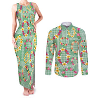 Hawaiian Leis Couples Matching Tank Maxi Dress and Long Sleeve Button Shirt Kakau Tattoos and Palaka Pastel Green Color