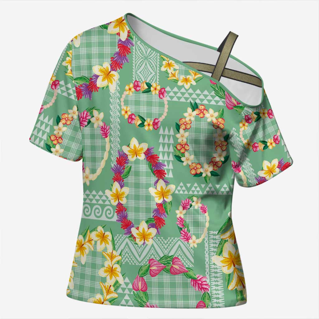 Hawaiian Leis Cross Shoulder Shirt Kakau Tattoos and Palaka Pastel Green Color LT03 Female Green - Polynesian Pride