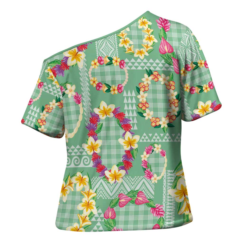 Hawaiian Leis Cross Shoulder Shirt Kakau Tattoos and Palaka Pastel Green Color LT03 - Polynesian Pride