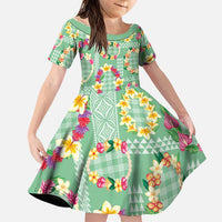 Hawaiian Leis Family Matching Long Sleeve Bodycon Dress and Hawaiian Shirt Kakau Tattoos and Palaka Pastel Green Color