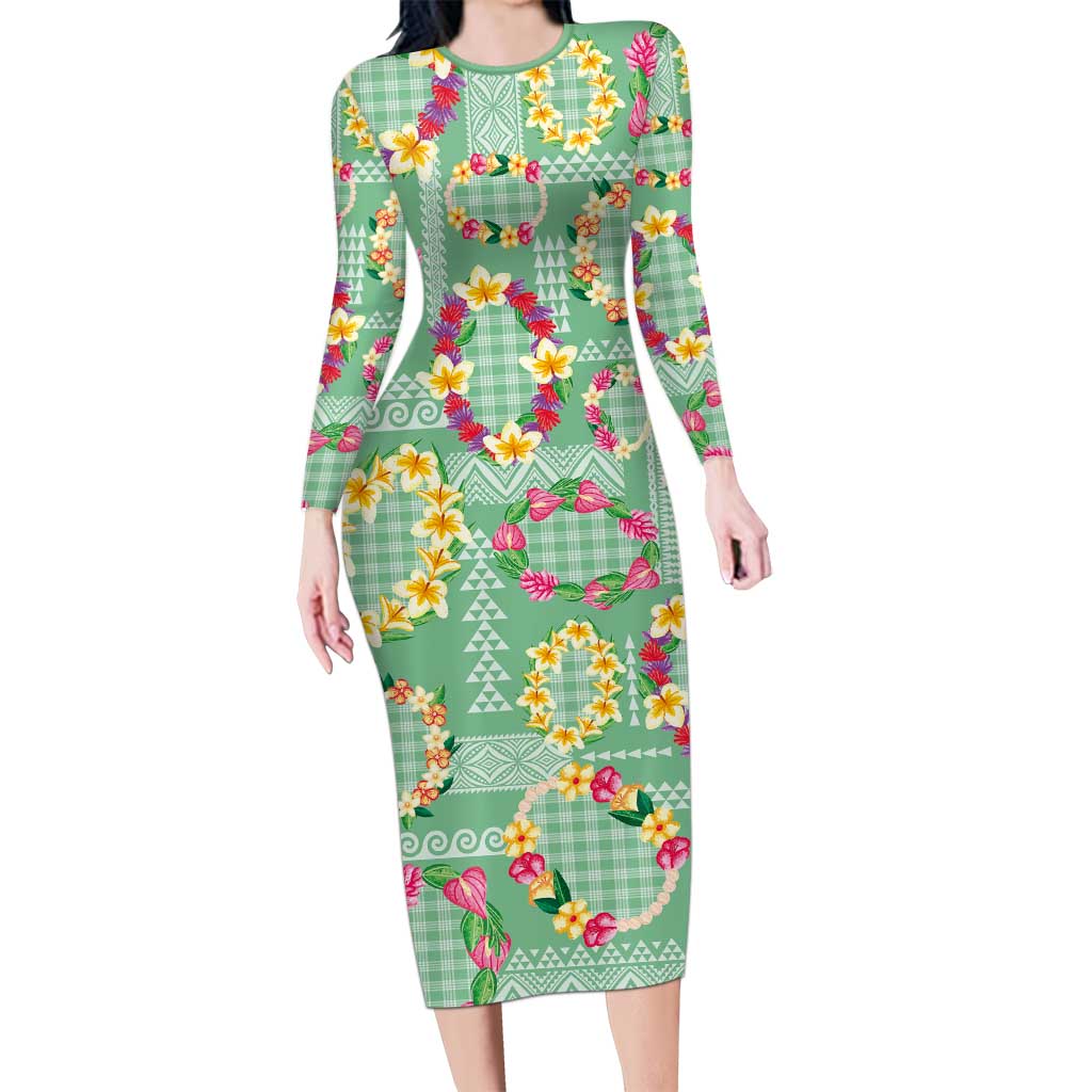 Hawaiian Leis Family Matching Long Sleeve Bodycon Dress and Hawaiian Shirt Kakau Tattoos and Palaka Pastel Green Color